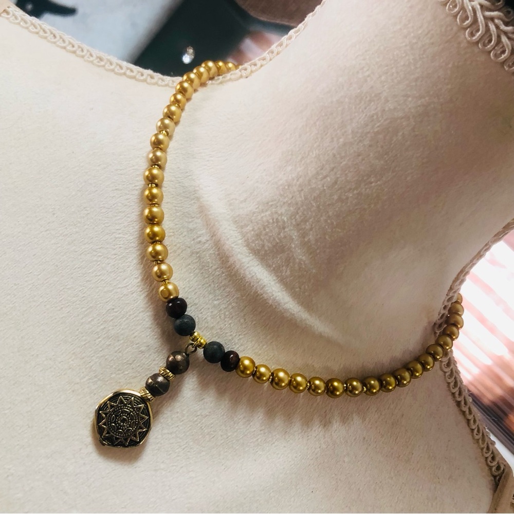 Handcrafted Greek star dangle lava stone Czech glass Pearl necklace